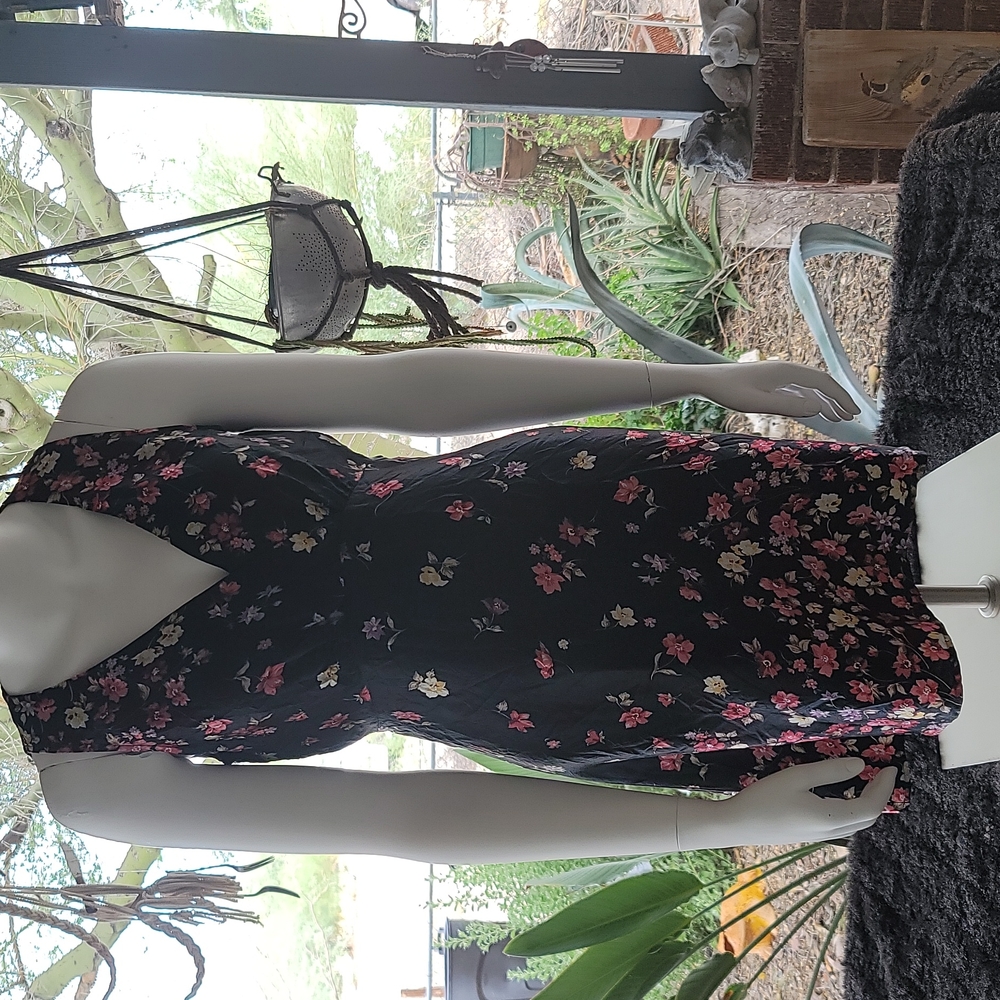 A-Line, V-Neck, Tie Back Black Satin Summer Dress w/Flowers